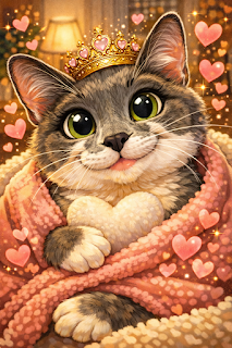 AI caricature of an adorable cat wrapped up in a blanket with hearts floating around. 