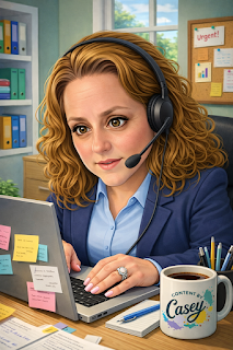 AI caricature of a woman at desk working on a laptop.