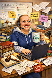 ChatGPT created caricaturefeaturing a woman behind a desk that's cluttered. She's smiling and holding a coffee cup with one hand on her laptop.