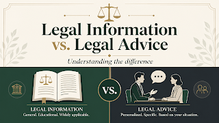 Graphic that says "Legal Information vs. Legal Advice" "Understanding the difference" It has the scale of justice on top. The bottom half of the graphic is divided into two columns. The left has an open book and says "Legal information. General education. Widely applicable." The right side has two people talking at a table and says "Legal advice. Personalized. Specific. Based on your situation."